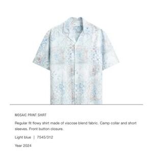 Zara Men Mosaic Print Button Down Shirt‎ Short Sleeve Camp Blue Size Medium
